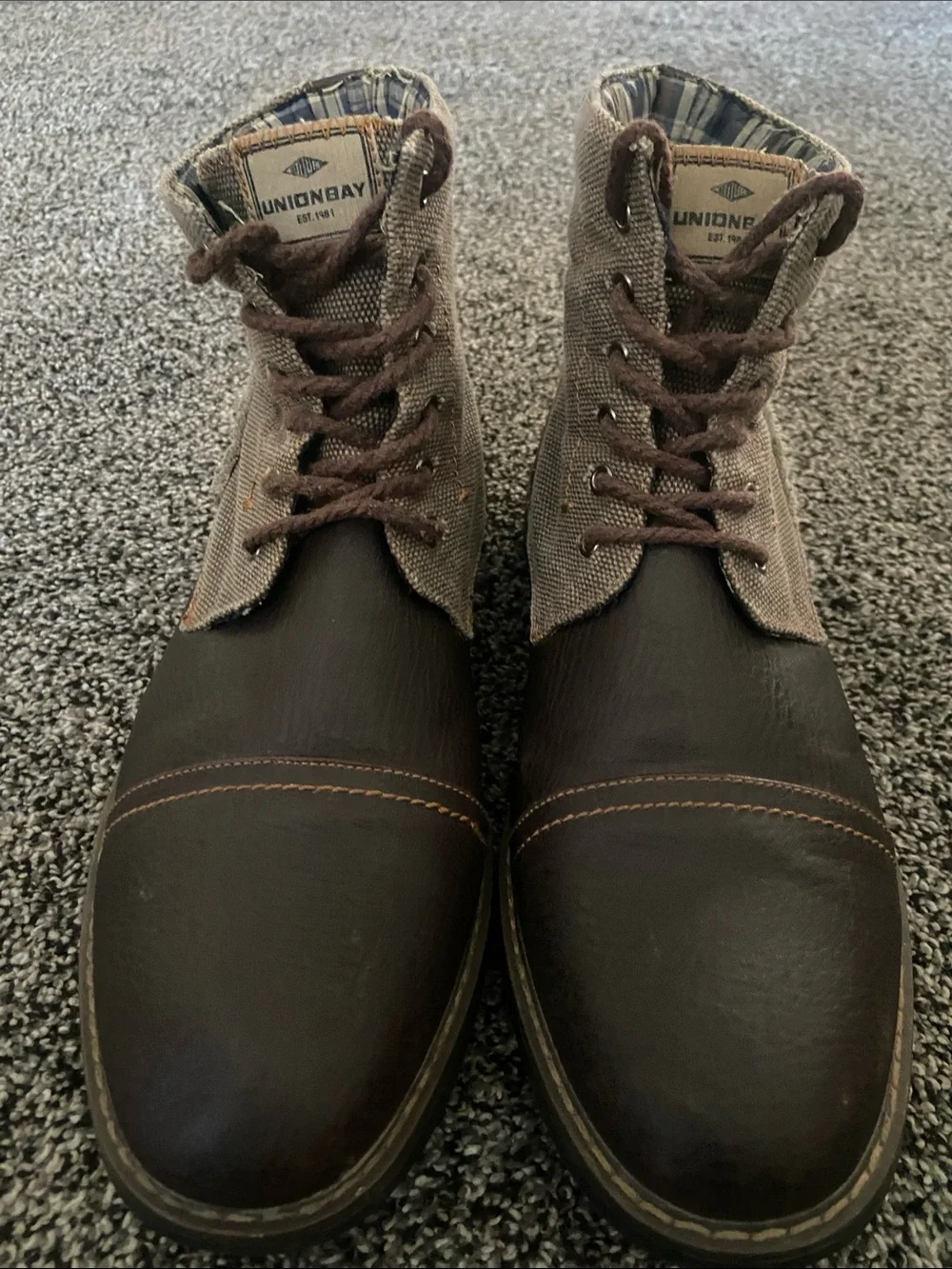 UNIONBAY Men's Dark Brown Leather-Look Chukka Boots with canvas faux leather.